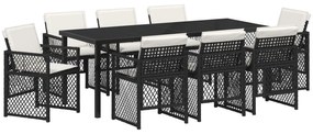 vidaXL Σετ Δείπνου Κήπου 9 Τεμαχίων Με Μαξιλάρια Μαύρο Πολυ Ράτανα