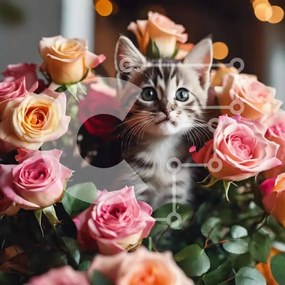 Intra Συλλεκτικό Ξύλινο Παζλ Plywood 4mm - Περίεργο γατάκι με ροζ και κίτρινα τριαντάφυλλα Σε Ξύλινο Κουτί - Διαστάσεις: 10x10 cm – 25 κομμάτια