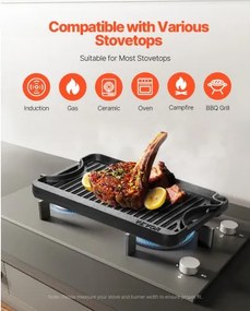 VEVOR 14x8.5 in Reversible Grill Griddle Pre-Seasoned BBQ Pan Cast Iron Black