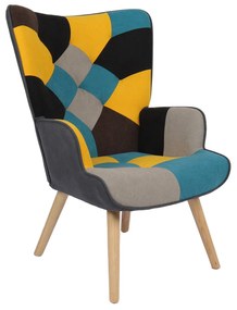 Πολυθρόνα ArteLibre BRIAR Κίτρινο/Μπλε Patchwork Ύφασμα/Ξύλο 73x69x96cm