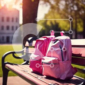 Intra Συλλεκτικό Ξύλινο Παζλ Plywood 4mm - Δύο ροζ σακίδια πλάτης σε έναν ξύλινο πάγκο στο πάρκο Σε Ξύλινο Κουτί - Διαστάσεις Puzzle: 10x10 cm – 25 κομμάτια