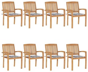 Καρέκλες Κήπου Στοιβαζόμενες 8 τεμ. Μασίφ Ξύλο Teak &amp; Μαξιλάρια - Καφέ
