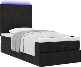 vidaXL Οθωμανικό κρεβάτι με στρώμα &amp; LEDs Μαύρο 90x200 cm Ύφασμα