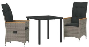 vidaXL Σέτ φαγητού για κήπο με μαξιλάρι 3 pcs Γκρι Πολυ ράταν
