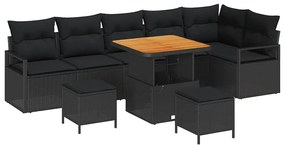 vidaXL Σετ καναπέ κήπου 9 τεμαχίων με μαξιλάρια, μαύρο πολυ-ρατάν