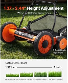 VEVOR 18" Push Reel Lawn Mower 5-Blade Adjustable Height Grass Catcher 4 Wheels
