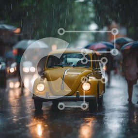 Intra Συλλεκτικό Ξύλινο Παζλ Plywood 4mm - Κίτρινο σκαθάρι Volkswagen στη βροχή Σε Ξύλινο Κουτί - Διαστάσεις Puzzle: 10x10 cm – 25 κομμάτια