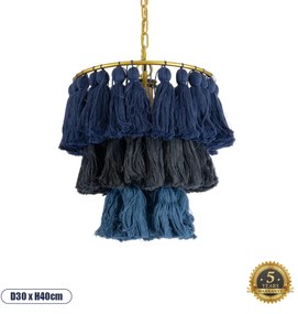 02085 GloboStar® MISSOULA 02085 Boho Κρεμαστό Φωτιστικό Σχοινί Μονόφωτο 1 x E27 IP20 Μπλε & Μαύρο Ύφασμα με Χρυσό Μέταλλο - Μ30 x Π30 x Υ40cm