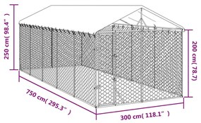 vidaXL Κλουβί Σκύλου Εξ. Χώρου με Οροφή Ασημί 3x7,5x2,5 μ Γαλβ. Ατσάλι