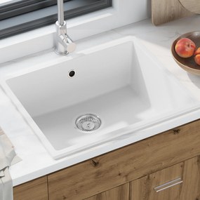 vidaXL Νιπτήρας κουζίνας  με τρύπα υπερχείλισης λευκού γρανίτη