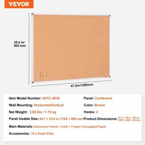 VEVOR 48&quot;x36&quot; Large Cork Board – Wall-Mounted Bulletin Board with Pin Board