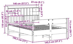 Κρεβάτι Βιβλιοθήκη Χωρίς Στρώμα 140x190 εκ Μασίφ Ξύλο Πεύκου - Καφέ