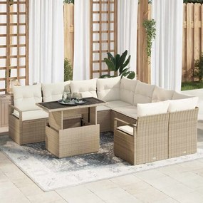 vidaXL Σετ Καναπέ Κήπου με μαξιλάρι 9 pcs Μπεζ Πολυ ράταν