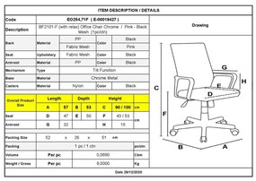BF2101-F Πολυθρόνα Γραφείου με Ανάκλιση, Μέταλλο Χρώμιο Mesh Ροζ - Μαύρο 57x53x90/100cm