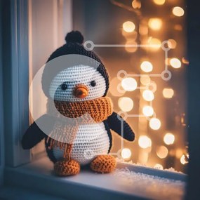 Intra Συλλεκτικό Ξύλινο Παζλ Plywood 4mm - Παιχνίδι με κροσέ πιγκουίνος σε χειμερινό περβάζι Σε Ξύλινο Κουτί - Διαστάσεις: 10x10 cm – 25 κομμάτια