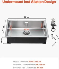 VEVOR 70cm Kitchen Sink Undermount Single Bowl Drop-In Basin Stainless Steel Bar