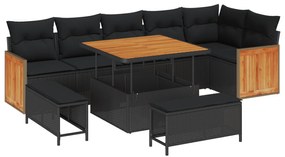 vidaXL Σετ Καναπέ Κήπου 9 Τεμαχίων με Μαξιλάρια Μαύρο Πολυ Ρατάν Ακακία