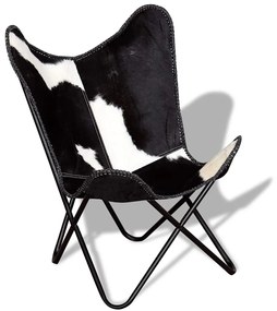 vidaXL Πολυθρόνα Πεταλούδα Μαύρο και Λευκό από Γνήσιο Δέρμα Αγελάδας