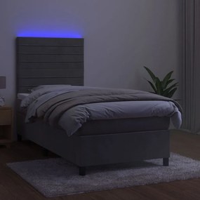 vidaXL Κρεβάτι Boxspring με Στρώμα &amp; LED Αν.Γκρι 90x200 εκ. Βελούδινο