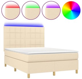 vidaXL Κρεβάτι Boxspring με Στρώμα &amp; LED Κρεμ 140x190 εκ. Υφασμάτινο