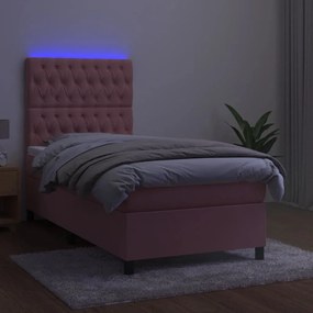 vidaXL Κρεβάτι Boxspring με Στρώμα &amp; LED Ροζ 100x200 εκ. Βελούδινο