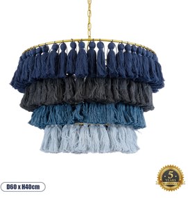 02089 GloboStar® MISSOULA 02089 Boho Κρεμαστό Φωτιστικό Σχοινί Μονόφωτο 1 x E27 IP20 Πολύχρωμο Ύφασμα με Χρυσό Μέταλλο - Μ60 x Π60 x Υ40cm