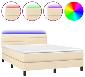 Κρεβάτι Boxspring με Στρώμα &amp; LED Κρεμ 140x200 εκ. Υφασμάτινο - Κρεμ