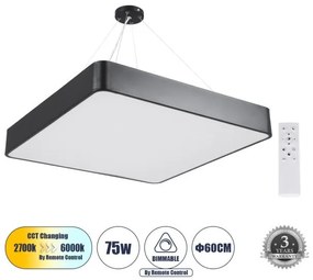 Κρεμαστό Φωτιστικό Οροφής Τετράγωνη LED 75W 8625lm KAMALA Globostar-61208-Μαύρο 61208