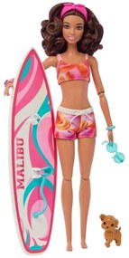 Κούκλα Barbie Με Σανίδα Σερφ Και Σκυλάκι Ευλύγιστη Καστανομάλλα HPL69 Multi Mattel