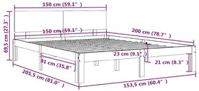 Πλαίσιο Κρεβατιού Γκρι 150 x 200 εκ. Μασίφ Ξύλο King Size - Γκρι