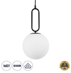 GloboStar® BELLISSIMO 61489 Μοντέρνο Κρεμαστό Φωτιστικό Οροφής Μονόφωτο 1 x E27 Γαλακτερή Γυάλινη Μπάλα με Μεταλλικό Μαύρο Ματ Σώμα Φ20 x Υ42cm