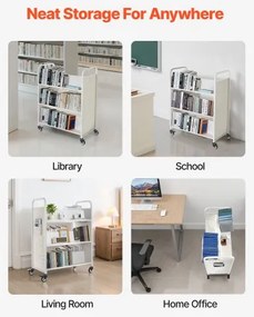 VEVOR 3-Tier Rolling Book Cart Double Sided W-Shaped Shelves Book Truck in White