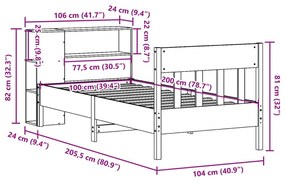 Κρεβάτι Βιβλιοθήκη Χωρίς Στρώμα 100x200 εκ Μασίφ Ξύλο Πεύκου - Καφέ