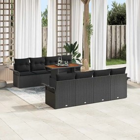 vidaXL σετ καναπέ κήπου 9 τεμαχίων με μαξιλάρια, μαύρο, πολυ ράτταν ακακίας
