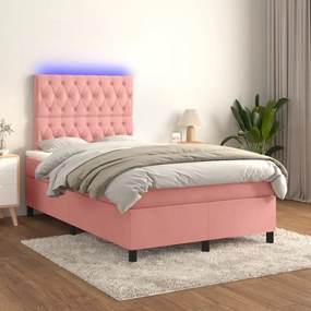 Κρεβάτι Boxspring με Στρώμα &amp; LED Ροζ 120x200 εκ. Βελούδινο
