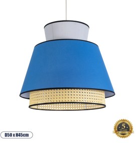 01918 GloboStar® SAIGE 01918 Boho Κρεμαστό Φωτιστικό Πλέγμα Μονόφωτο 1 x E27 IP20 Μπεζ Ξύλο με Μπλε & Γκρι Ύφασμα - Μ50 x Π50 x Υ45cm