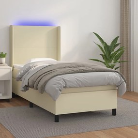 vidaXL Κρεβάτι Boxspring με Στρώμα & LED Κρεμ 90x200 εκ. Συνθ. Δέρμα