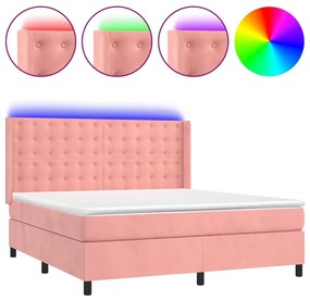 vidaXL Κρεβάτι Boxspring με Στρώμα & LED Ροζ 160x200 εκ. Βελούδινο