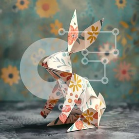 Intra Συλλεκτικό Ξύλινο Παζλ Plywood  4mm - Κουνέλι Origami και πολύχρωμο floral φόντο Σε Ξύλινο Κουτί - Διαστάσεις Puzzle: 10x10 cm – 25 κομμάτια