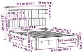 Κρεβάτι Βιβλιοθήκη Χωρίς Στρώμα 135x190 εκ Μασίφ Ξύλο Πεύκου - Καφέ