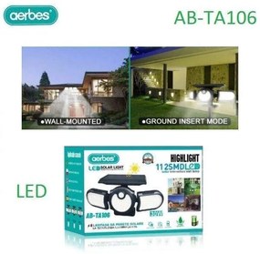 AB-TA106 Ηλιακός Προβολέας Ισχύος 2.5W με Αισθητήρα Κίνησης και Αισθητήρα Φωτός σε Μαύρο χρώμα 81009SHJ00BK