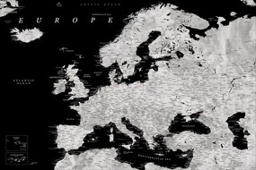 Χάρτης Black and grey detailed map of Europe in watercolor, Blursbyai, (40 x 26.7 cm)
