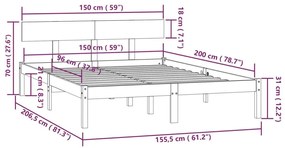 Πλαίσιο Κρεβατιού Γκρι 150 x 200εκ. Μασίφ Ξύλο Πεύκου King Size - Γκρι