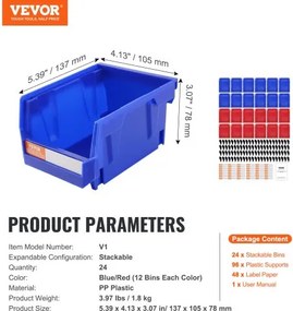 VEVOR Plastic Storage Bin, (5-Inch x 4-Inch x 3-Inch), Hanging Stackable Storage Organizer Bin, Blue/Red, 24-Pack, Heavy Duty Stacking Containers for Closet, Kitchen, Office, or Pantry Organization