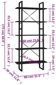 vidaXL Βιβλιοθήκη με 5 Ράφια Μαύρη 80 x 30 x 175 εκ. από Επεξ. Ξύλο