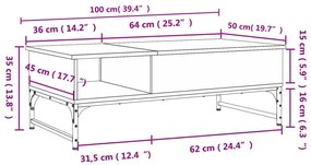 Τραπεζάκι Σαλονιού Καπνιστή Δρυς 100x50x35 εκ. Επ. Ξύλο/Μέταλλο - Καφέ