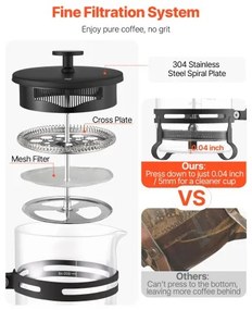 VEVOR French Press Coffee Maker 1L Borosilicate Glass Coffee Tea Press Silver