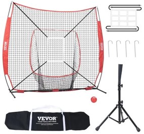 VEVOR 7x7 ft Baseball Softball Practice Net, Portable Baseball Training Net for Hitting Batting Catching Pitching, Backstop Baseball Equipment with Bow Frame, Carry Bag, Strike Zone, Ball, Batting Tee