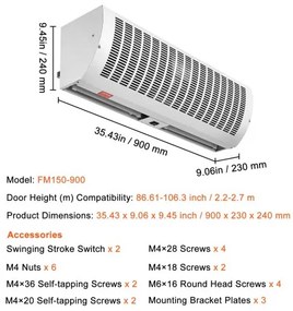 VEVOR 0.9m Commercial Indoor Air Curtain Super Power 2 Speeds 2038m³/h, UL Certified Wall Mounted Air Curtains for Doors, Indoor Over Door Fan with Heavy Duty Limit Switch, Easy-Install Unheated