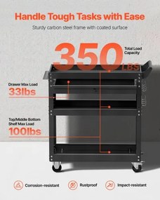 VEVOR 4-Tier Tool Cart on Wheels 350 lb Rolling Work Cart with Drawer &amp; Pegboard